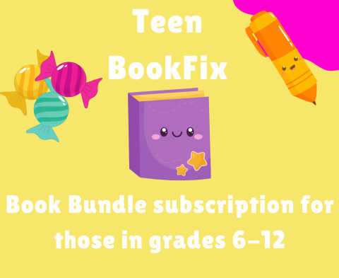 Purple book with face, candy, and smiling orange pen with text reading Teen BookFix