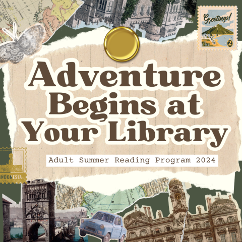 summer reading program logo 2024 / adventure begins at your library