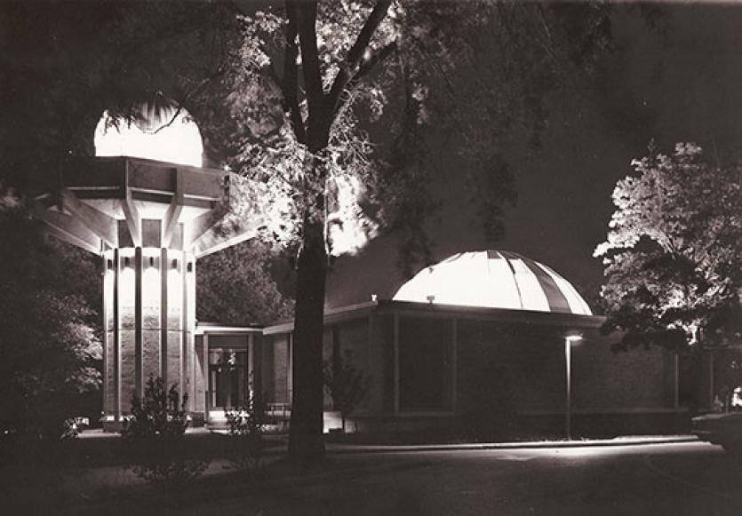 Black and white photo of the exterior of Augustana College's Planetarium