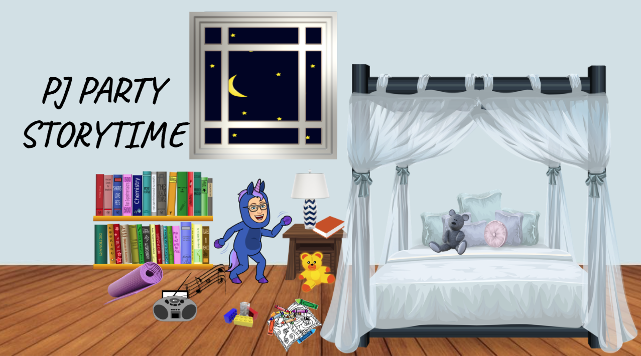 A picture of a bedroom with toys, music games, a large window, a bed, a bookshelf, and a person wearing pajamas and dancing