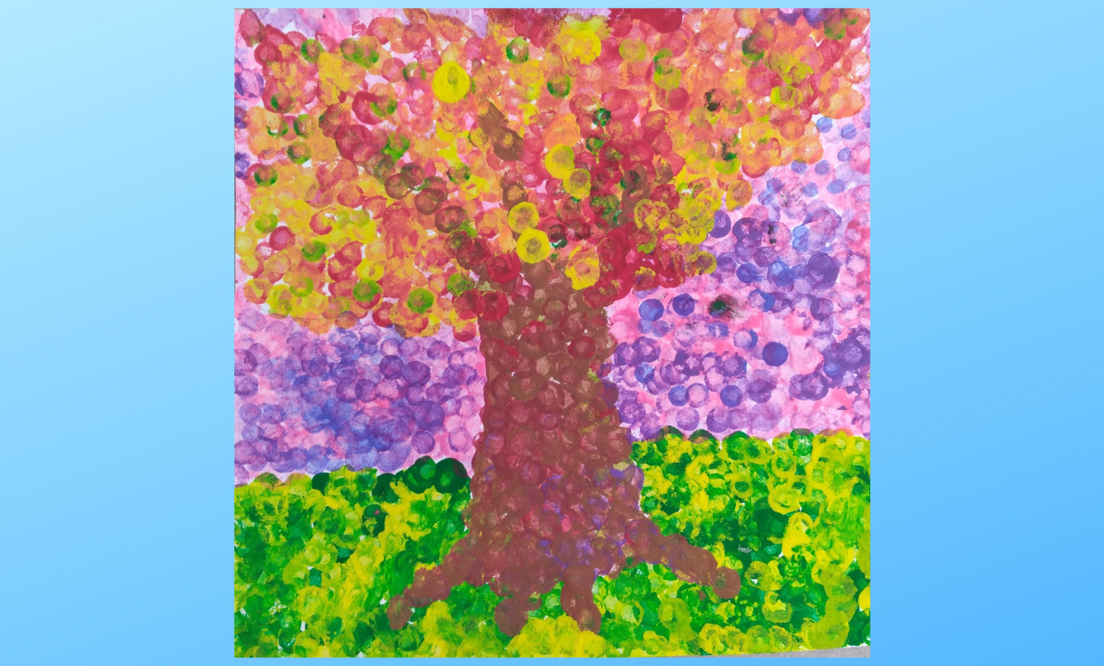 painting of a tree using multicolored dots