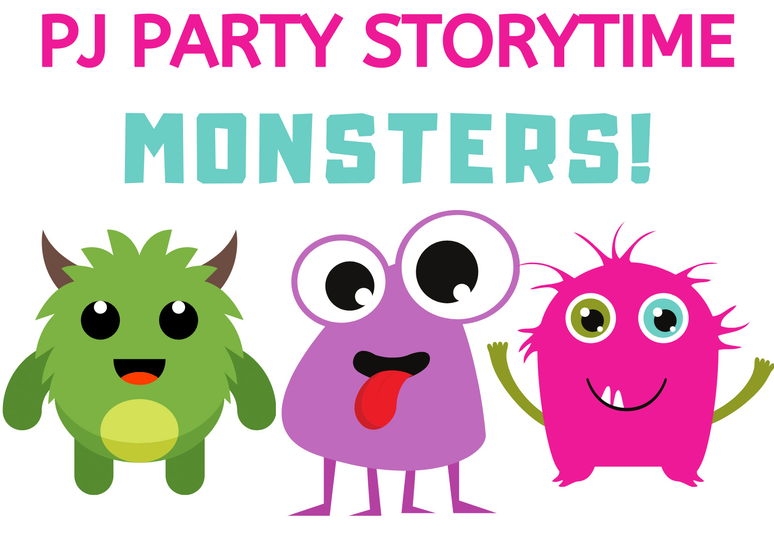 Text and three colorful cartoon monsters