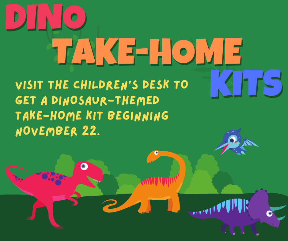 green background with Dino Take-Home kit text and images of dinosaurs