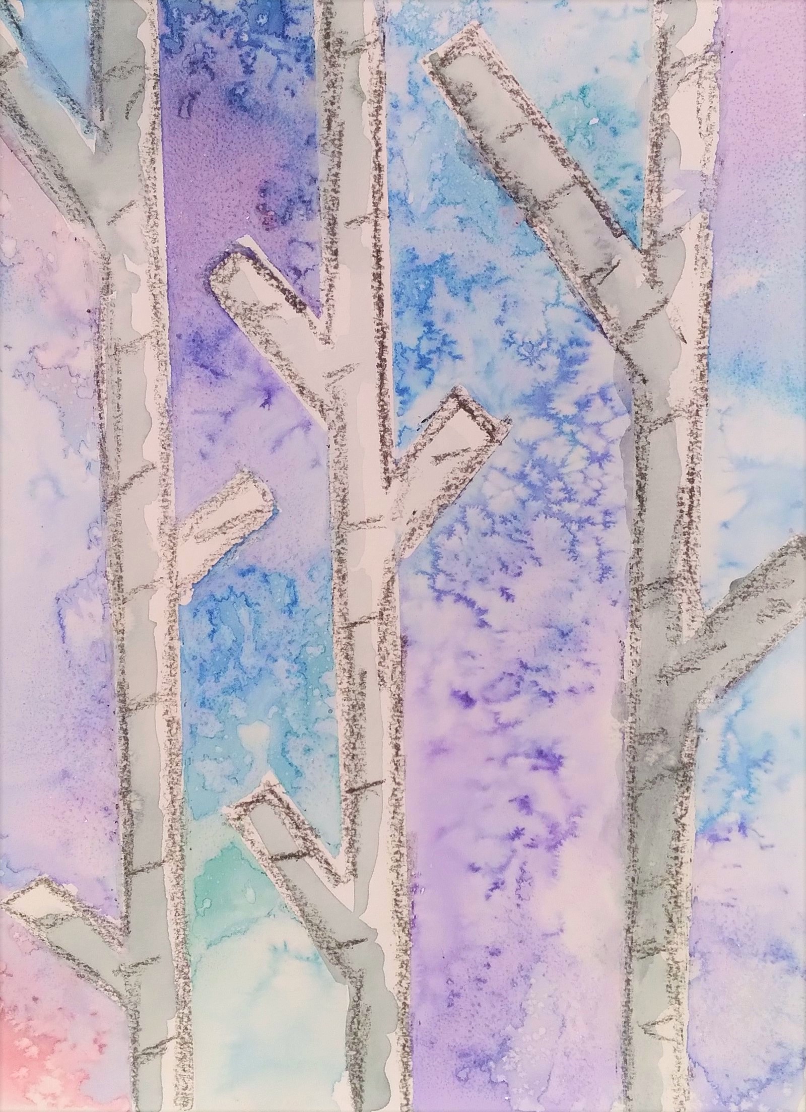 gray and white birch trees with watercolor background of purple, blue and pink