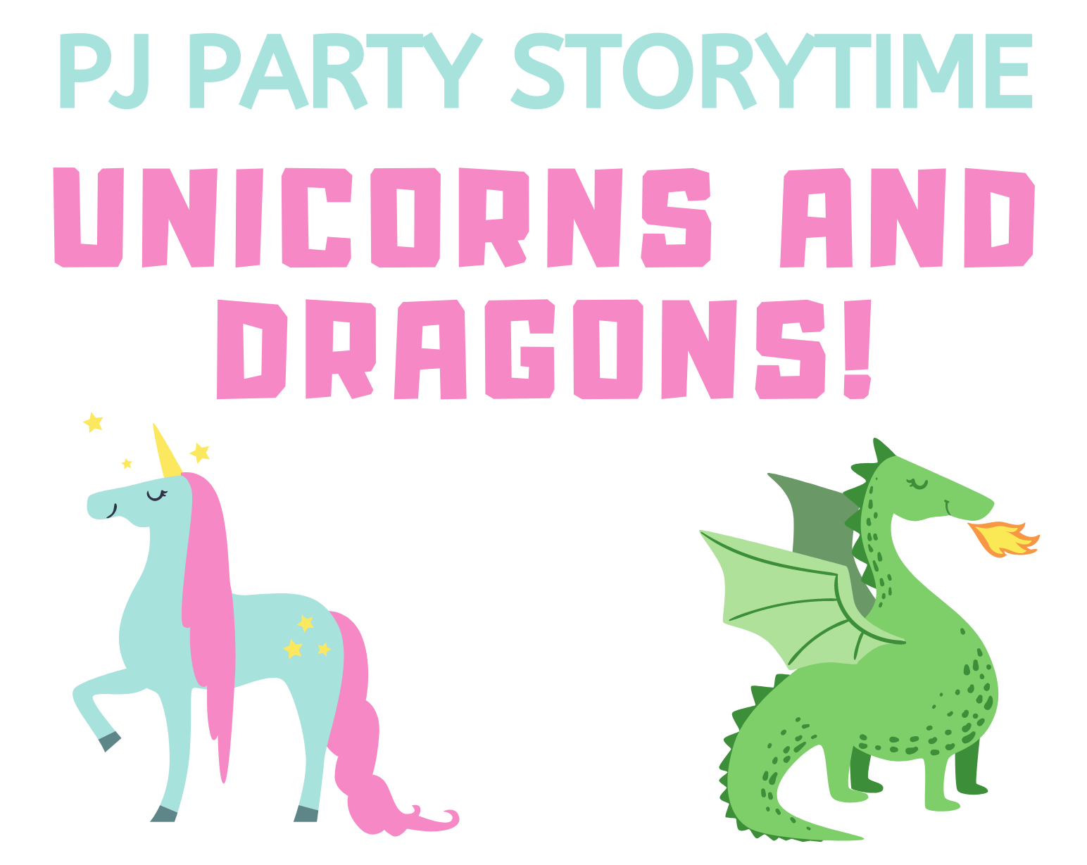 Text reading PJ Party Unicorns and Dragons with unicorn and dragon graphics