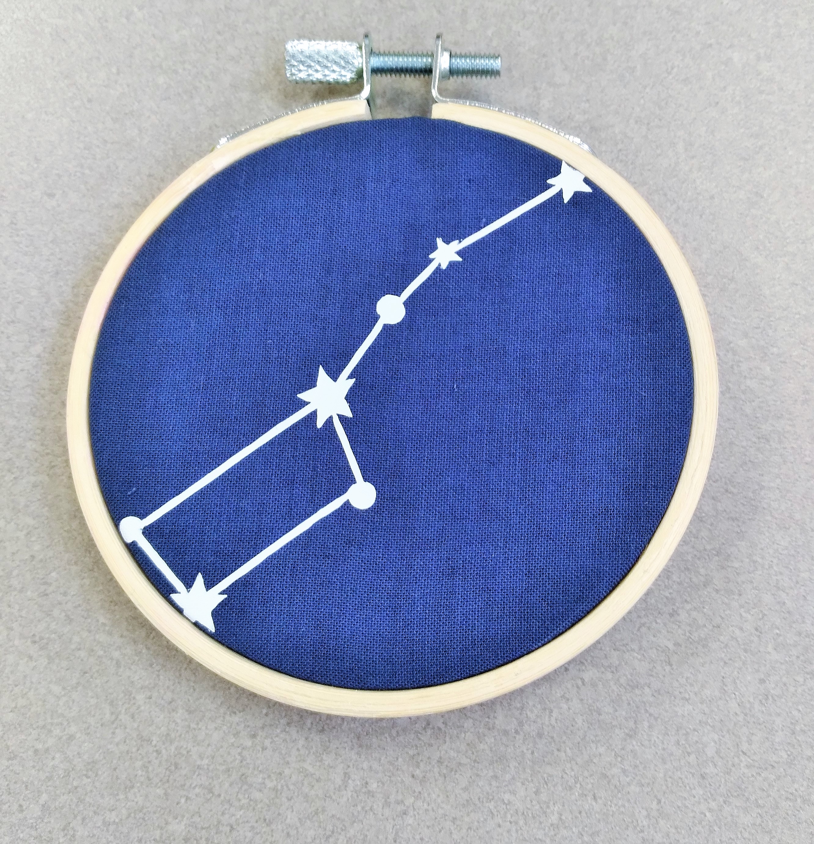 Wood hoop with blue fabric background and big dipper constellation