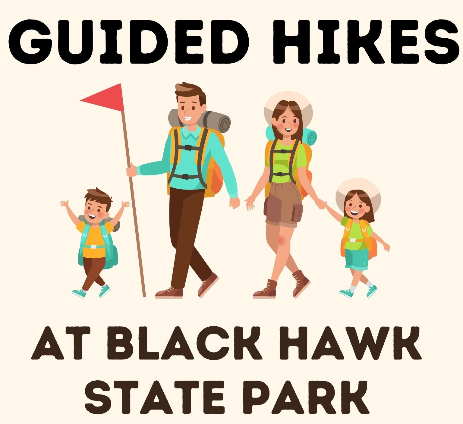 family hiking with wording reading Guided Hikes at Black Hawk State Park