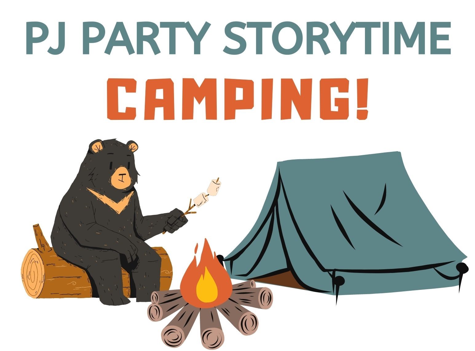 a bear sitting by a campfire and tent