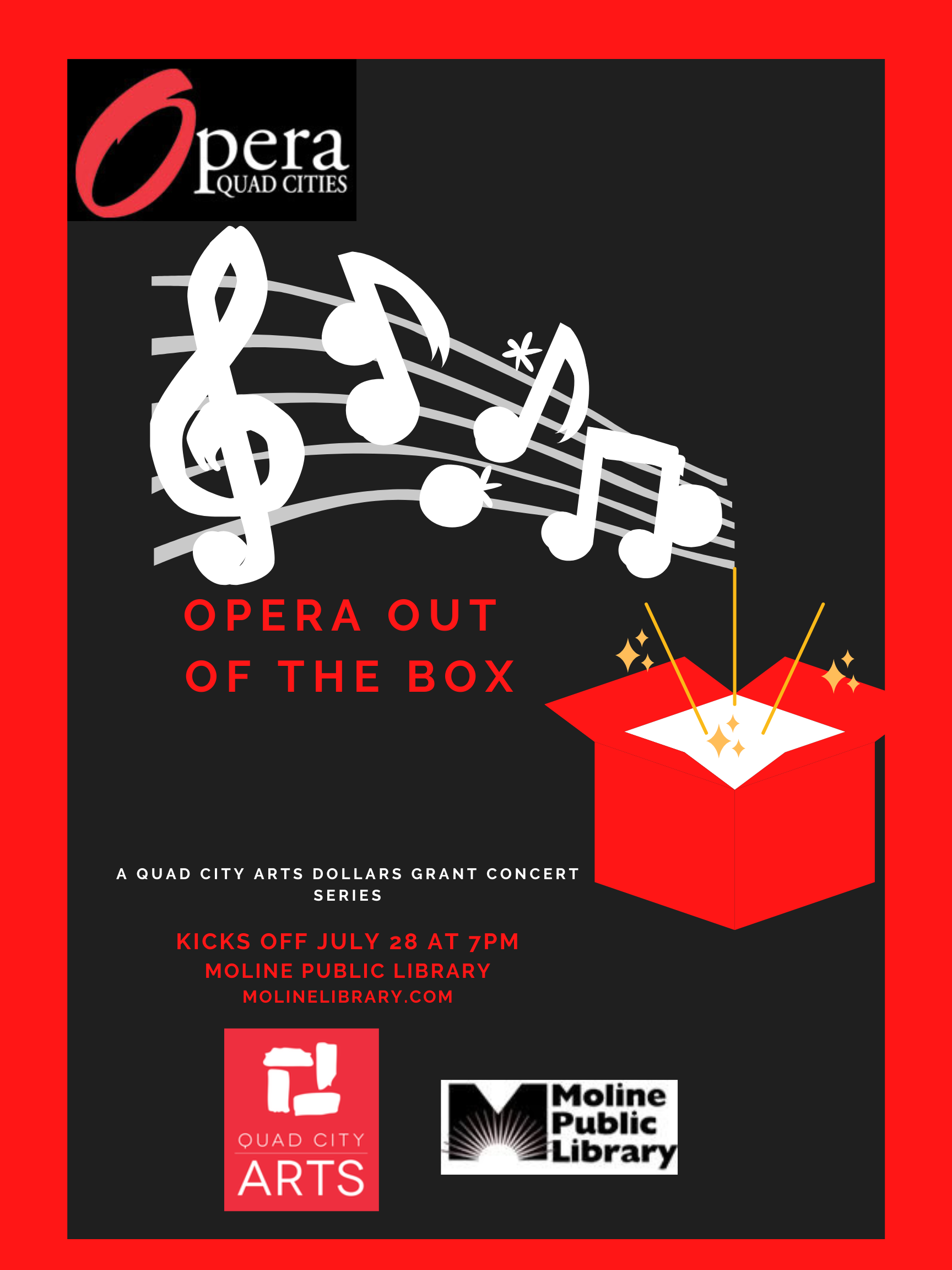 Opera out of the Box poster with logos from Opera Quad Cities, Moline Public Library and Quad City Arts