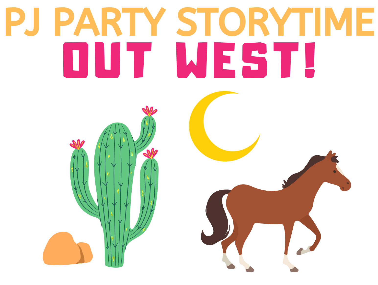 Horse, cactus, moon, and rock with text