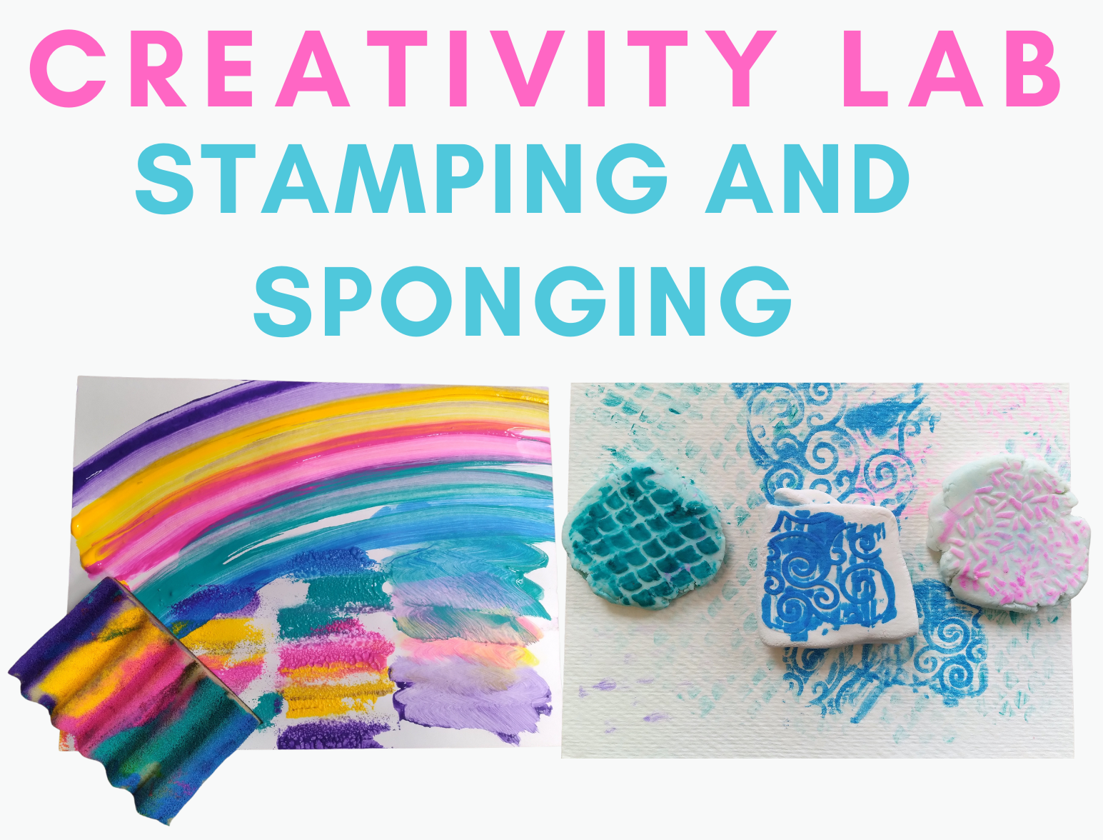 pictures of colorful rainbow and sponge with paint and stamps and prints