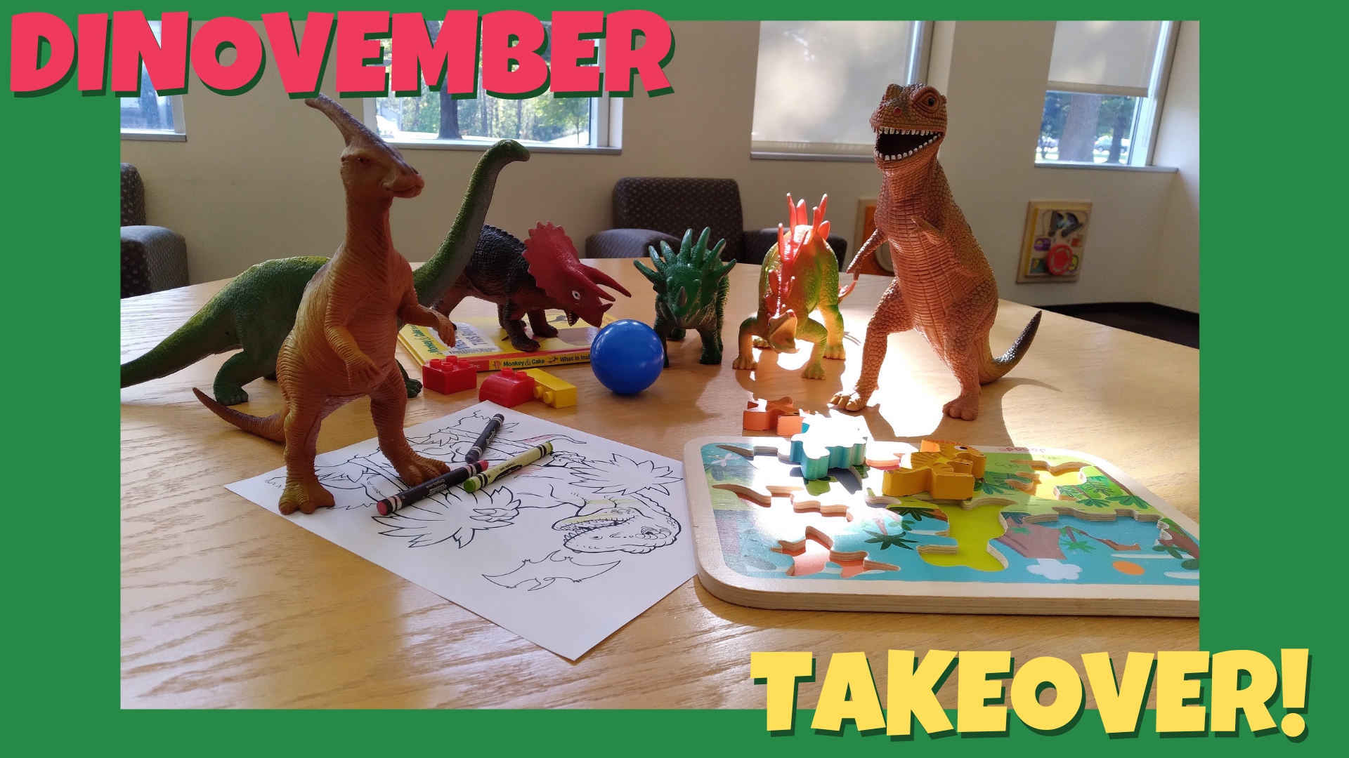Dinosaurs in a library with text reading Dinovember Takeover