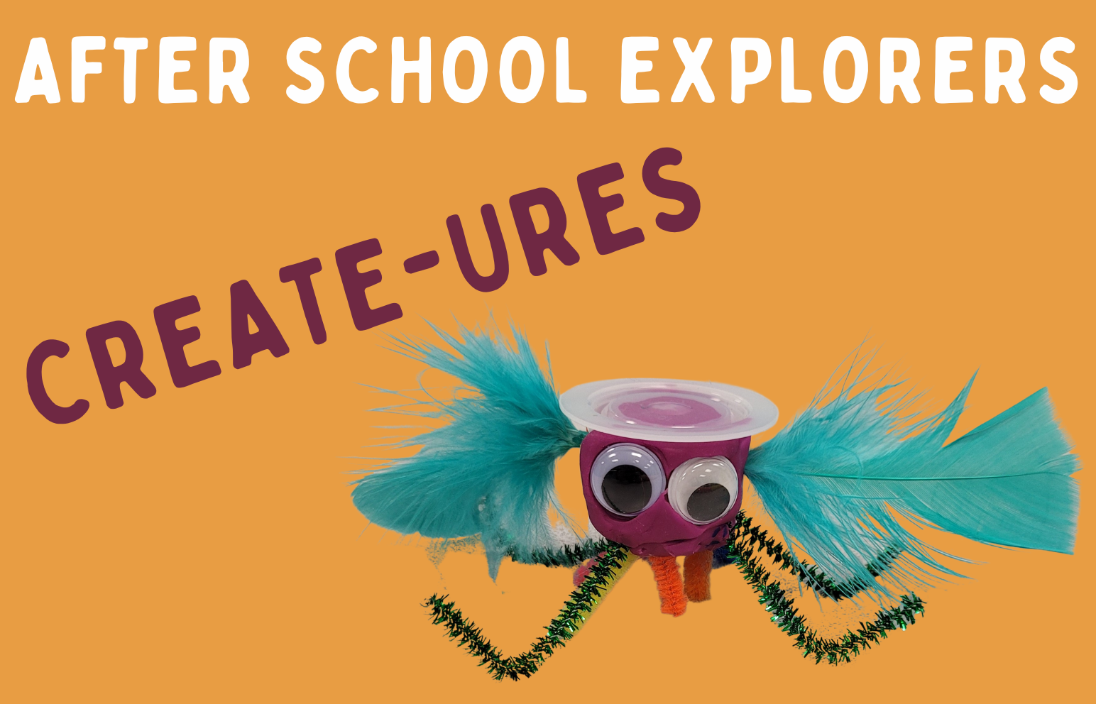 image with text and creature made of purple playdoh, feathers, pipecleaners with large googly eyes
