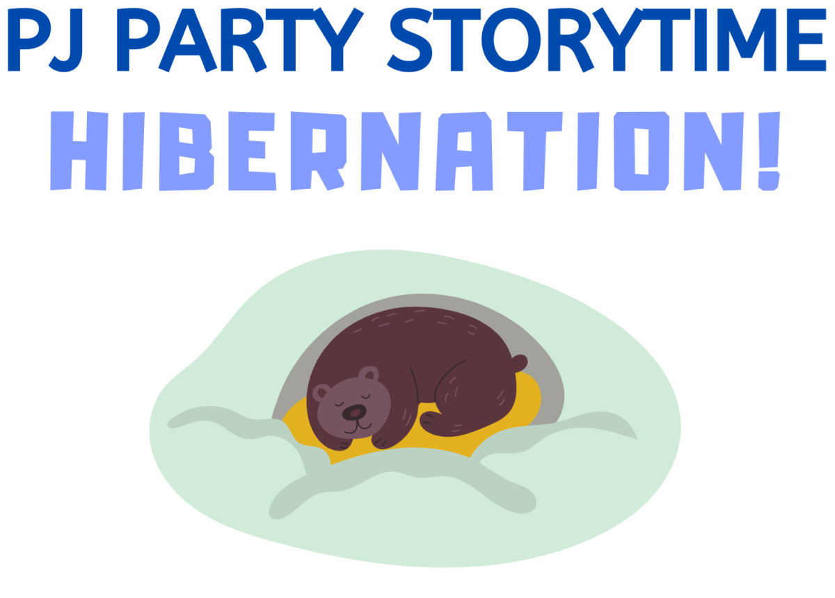 bear sleeping in snowy den with text reading PJ Party Storytime Hibernation