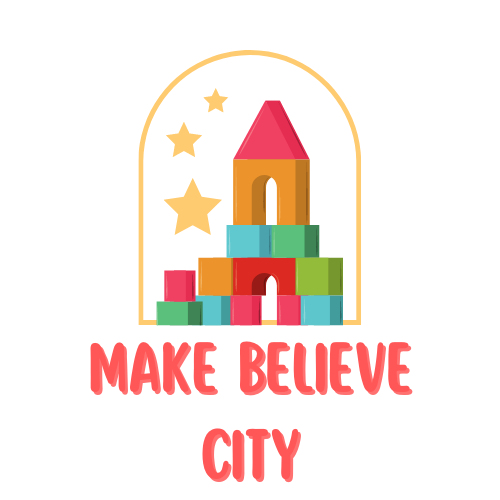A tower made of blocks with Make Believe City underneath
