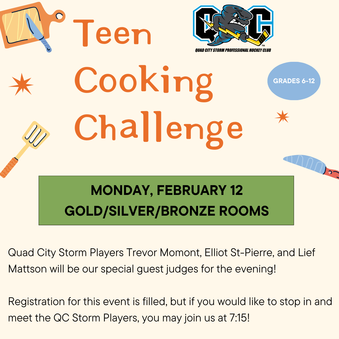 Text reading Teen cooking challenge with cream colored background with utensils and food
