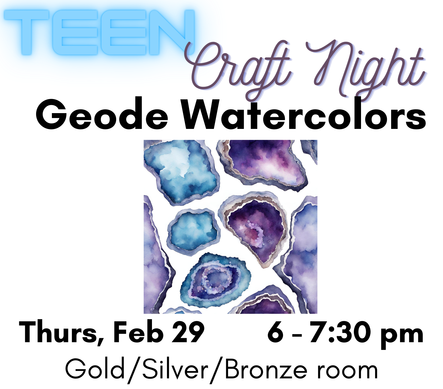 White background with event description and blue and purple watercolor geodes