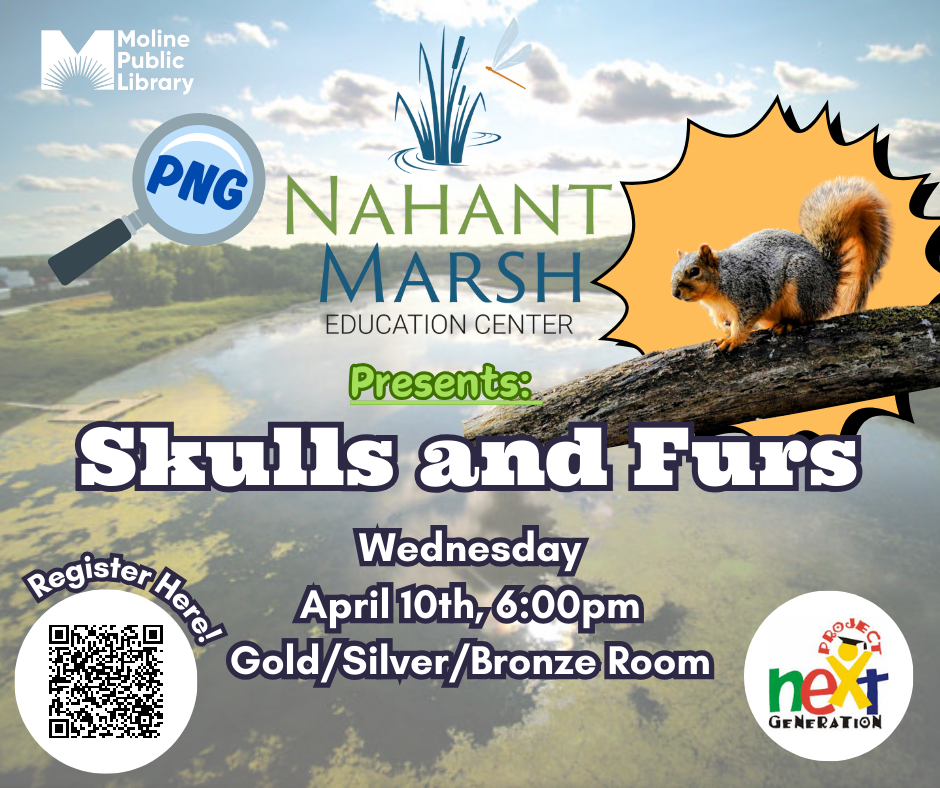 Text: PNG Nahant Marsh presents: Skulls and Furs. Wednesday, April 10th, 6pm Gold/Silver/Bronze rooms