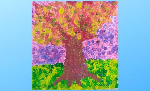 painting of a tree using multicolored dots