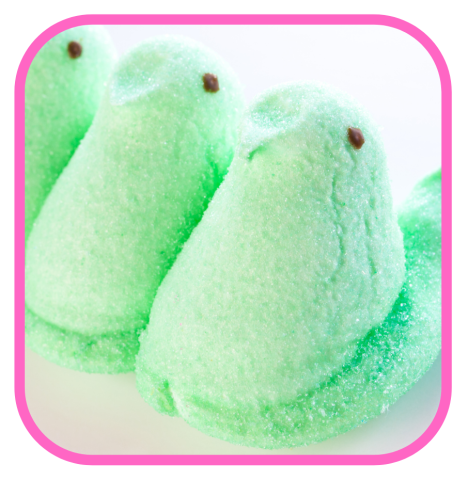 Green marshmallow birds with a pink border