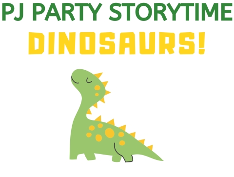 Smiling green and yellow dinosaur and text