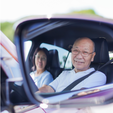 couple in car as seen in rear view mirror