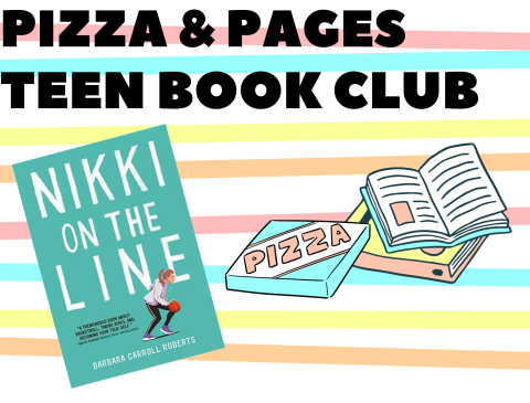 Text and book cover with colorful lines, an image of a book, and a pizza