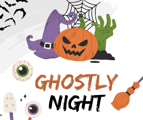 A witch hat, jack o'lantern, and green zombie hand under a spider's web. Bats fly in the corner and eyeballs and a broomstick float in the bottom corners. Text reads Ghostly Night