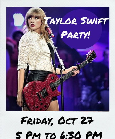 Picture of Taylor Swift with text showing date and time of program