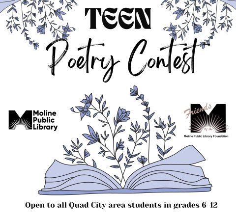 white background with purple book and flowers text reading Teen Poetry contest and MPL logos