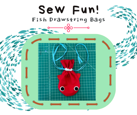 Image: Red Fish Pouch with Blue String. Text Reads: Sew Fun! Fish Drawstring Bags