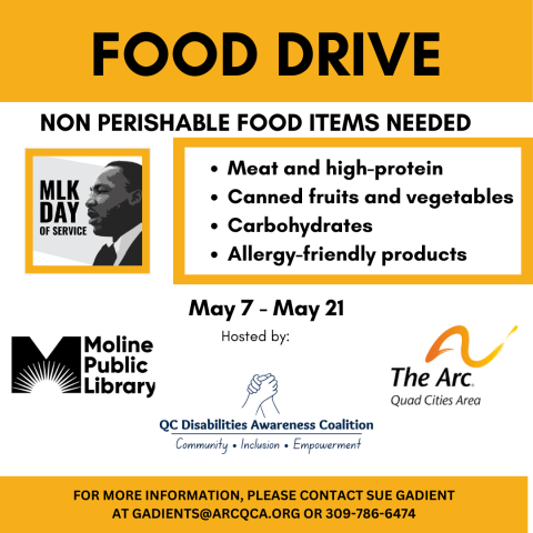 Food drive May 7-14. Nonperishable items needed.