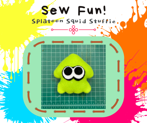 Image of a Splatoon Squid on a painted background. Text reads: Sew Fun! Splatoon Squid Stuffie