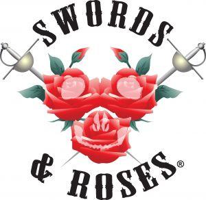 Image of two swords crossed at the blade behind three roses, above which is the outline of a pirate skull. Text reads: Swords & Roses
