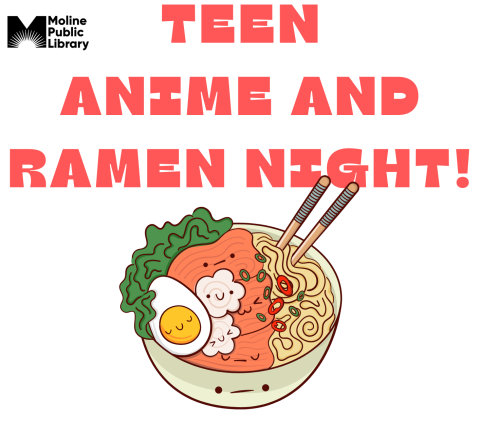 bowl of ramen with red text describing event