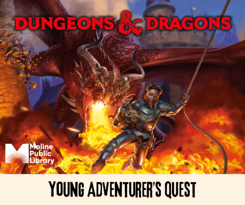Image of a dragon breathing fire at a young adventurer, who is swinging on a rope holding a baby owlbear. Text reads: Dungeons & Dragons Young Adventurer's Quest
