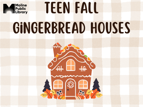 Tan gingham background with illustrated gingerbread house with yellow and orange leaves and text describing the program