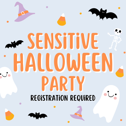 Sensitive Halloween Party surrounded by bats, witch hats, and ghosts