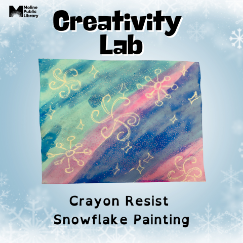 Watercolor painting with snowflakes drawn with crayon.