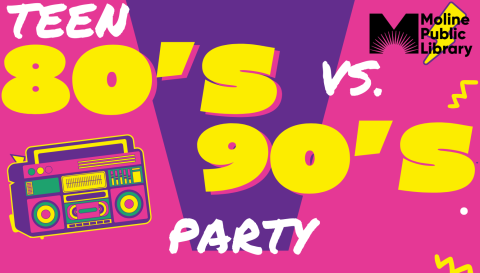 Hot pink background with stereo and text reading 80s vs 90s party