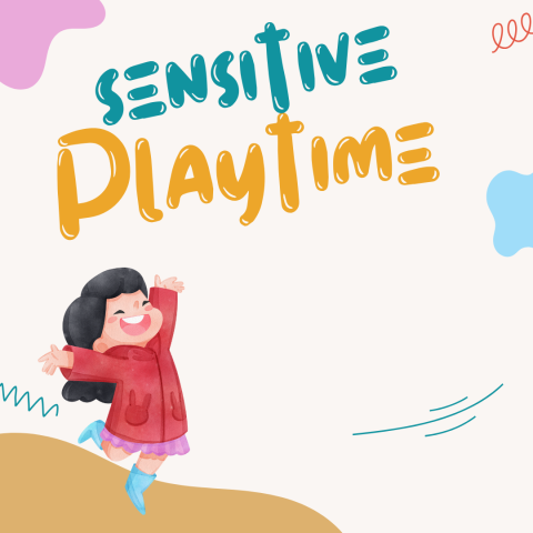 A girl in a red jacket jumps up while smiling under the words Sensitive Playtime