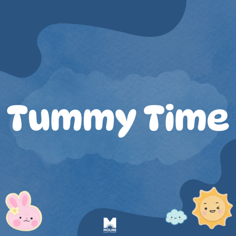 Tummy Time in white letters on a multi-colored blue background. A small pink bunny and a smiling sun with a cloud are in each bottom corner.