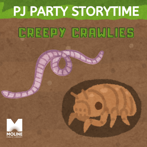 PJ Party Storytime Creepy Crawlies, watercolor image of a worm and a cicada