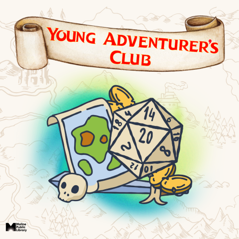 A scroll that says "young adventurer's club". Below is a skull, a map and a 20 sided dice.