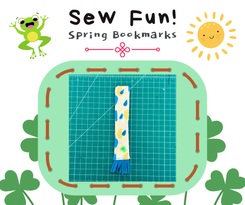 Image of a cloth bookmark with rain drops and a clover sewn on. Text reads: Sew Fun! Spring Bookmarks