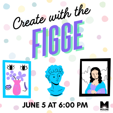 An abstract painting, a bust of a man and a cartoon version of the Mona Lisa.