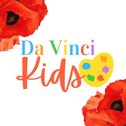 words Da Vinci Kids with a paint palette shaped like a heart with poppies in the corner