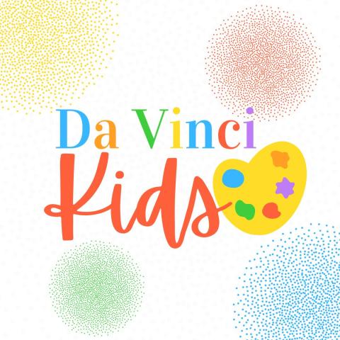 words Da Vinci Kids with a paint palette shaped like a heart with dots all around