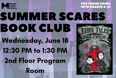 purple background with black tree shadows and text reading Summer Scares Book Club with a picture of the book cover with two students and a teacher in red with an upside-down face