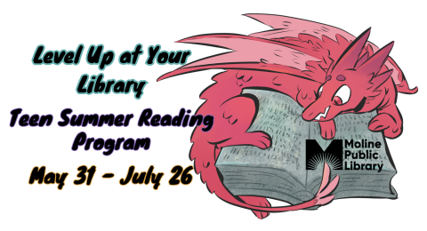 Red illustrated dragon reading a book with text reading Level Up at Your Library Teen Summer Reading Program May 31 to July 26